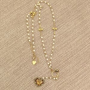 Betsey Johnson Necklace With Leopard Print Heart And Faux Pearls Gold Tone Bows